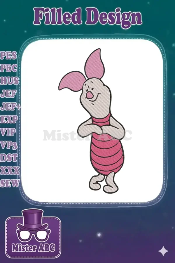 Vibrant embroidery of Disney's Piglet, standing cheerfully, showcasing detailed stitching and classic colors.
