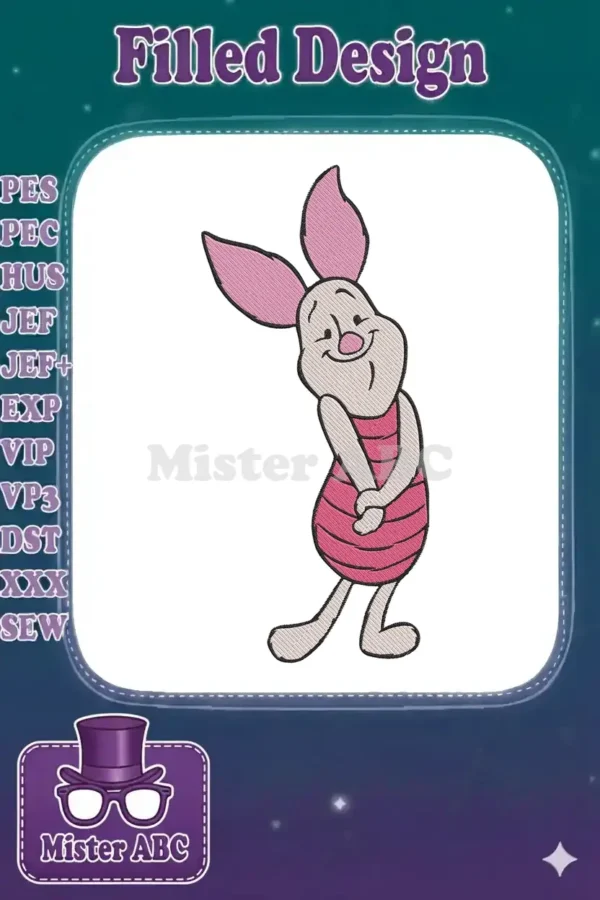 A delightful embroidery design featuring Piglet from Winnie the Pooh, standing happily with clasped hands.