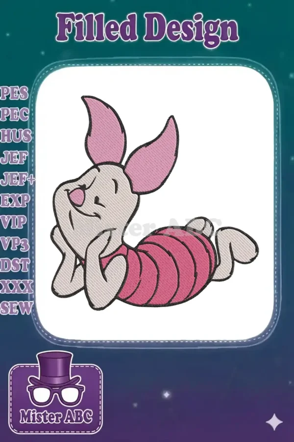 Adorable Piglet embroidery design, lying down playfully with a sweet expression, featuring pink and blush tones.