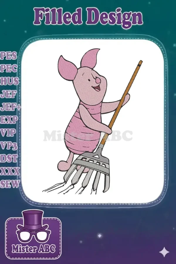 Charming Piglet embroidery design holding a rake, featuring detailed satin and fill stitches on a white background.
