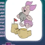 Cute Piglet building sandcastle with bucket and red flag embroidery designs - Instant Download