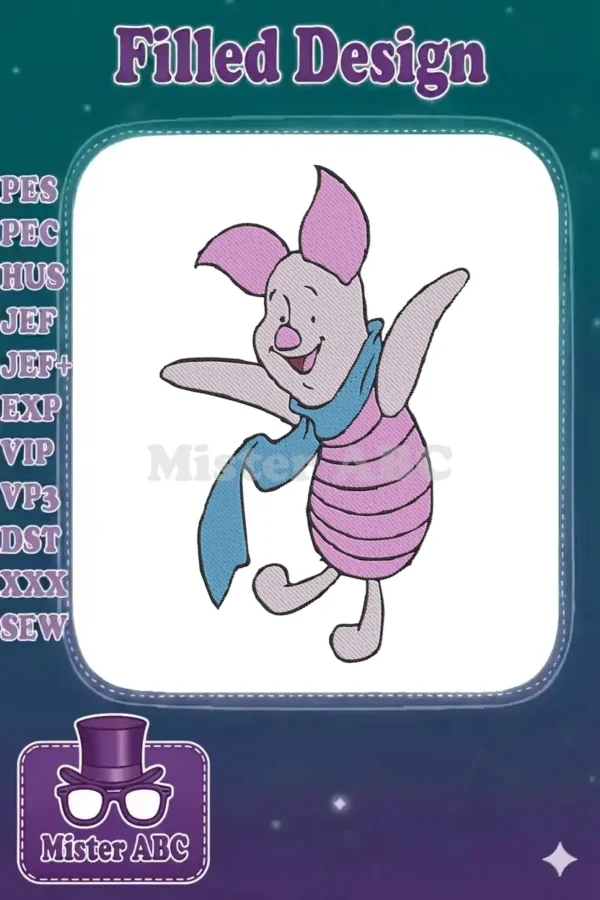Close-up of a cheerful Piglet embroidery design, featuring vibrant pink, light pink, and a flowing blue scarf.