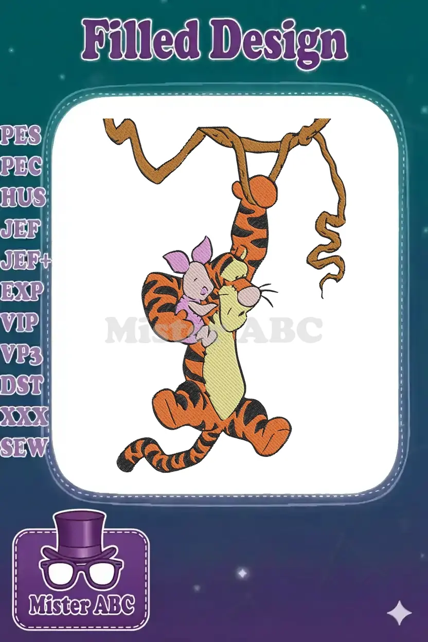 Tigger and Piglet joyfully swinging on a vine, an intricate embroidery design with vibrant fill stitches.