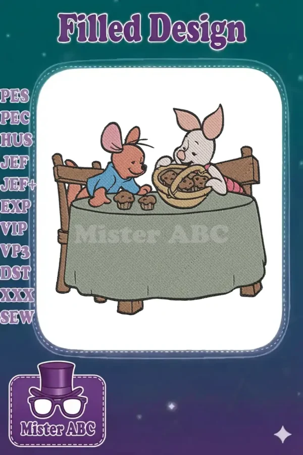 Embroidery design of Piglet and Roo from Winnie the Pooh, sitting at a table with a basket of muffins.