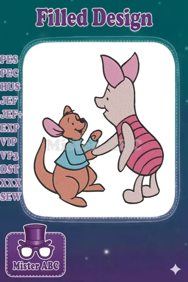 Adorable Kanga and Roo embroidery design, featuring the mother and joey in a tender, playful moment.