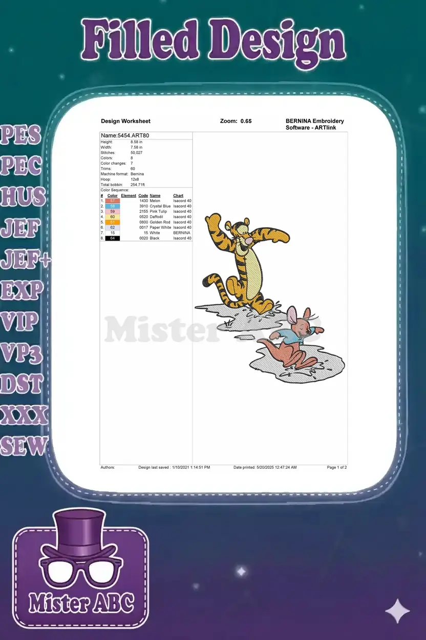Embroidery design worksheet for Tigger and Roo, detailing dimensions, stitch count, colors, and machine format.
