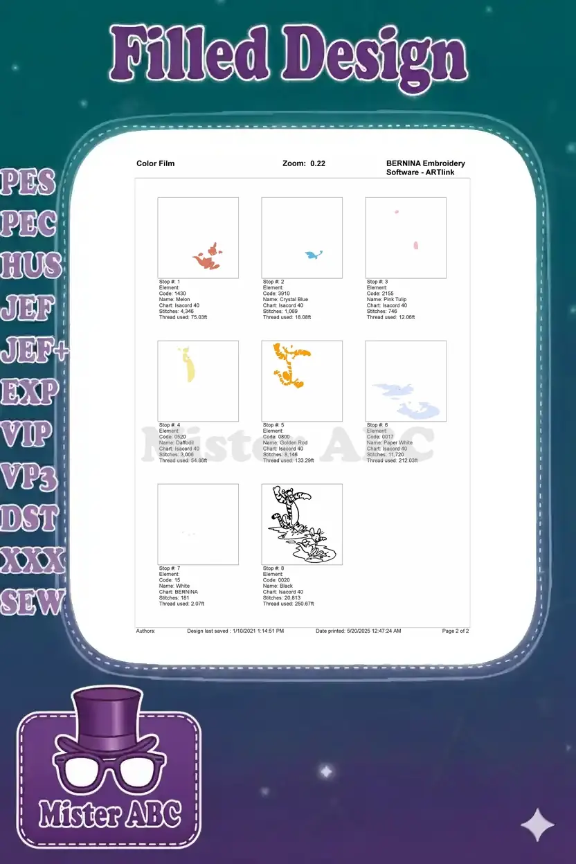 Color film breakdown for Tigger and Roo embroidery, showing individual color stitch order and thread usage.