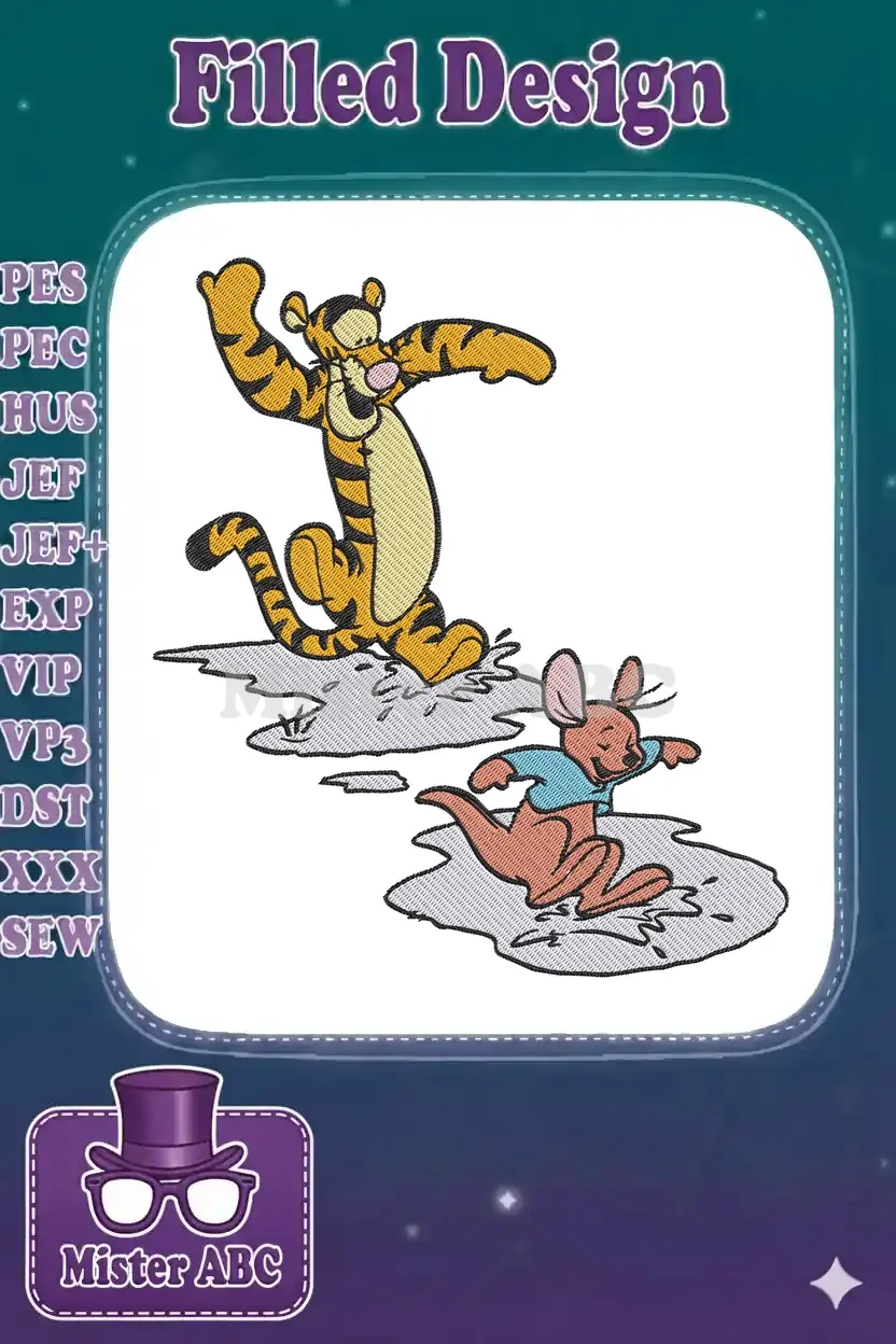 Vibrant embroidery of Tigger and Roo joyfully splashing in puddles, perfect for children's apparel and decor.