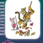 Tigger and Piglet Sweeping Autumn Leaves Embroidery Designs - Instant Download
