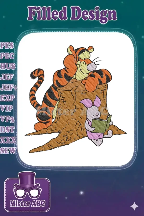 Tigger and Piglet embroidery design, with Tigger leaning on a stump while Piglet reads a book.