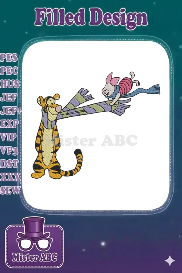 Vibrant embroidery of Tigger holding a striped scarf while Piglet playfully swings. A classic Winnie the Pooh scene.
