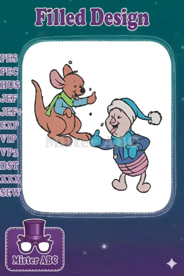 Delightful embroidery of Kanga and Piglet sharing a playful moment in their festive winter scarves and hats, ready for fun.