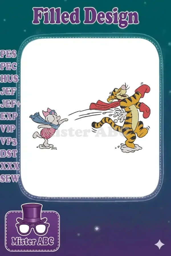Tigger and Piglet embroidery design, showing Tigger playfully bouncing and Piglet reacting with delight.