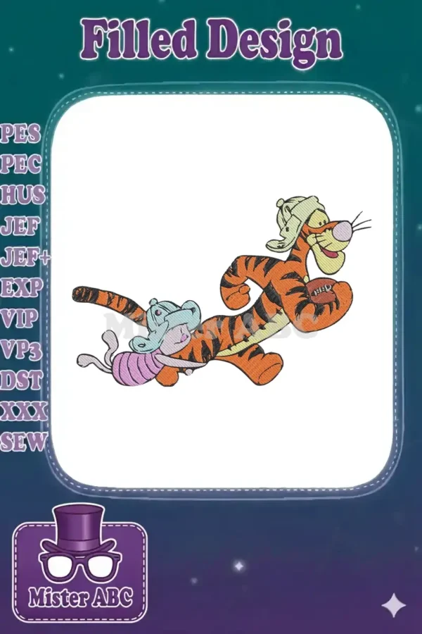 Vibrant embroidery of Tigger carrying Piglet on his back, both characters smiling and wearing cute hats.