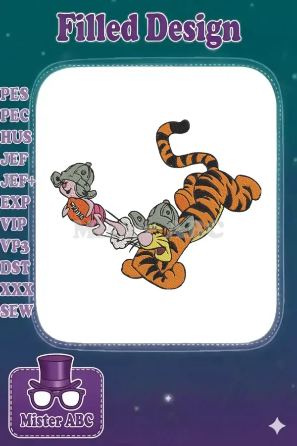 Playful Tigger pulling Piglet in an embroidery design, both wearing charming explorer hats for an adventurous look.