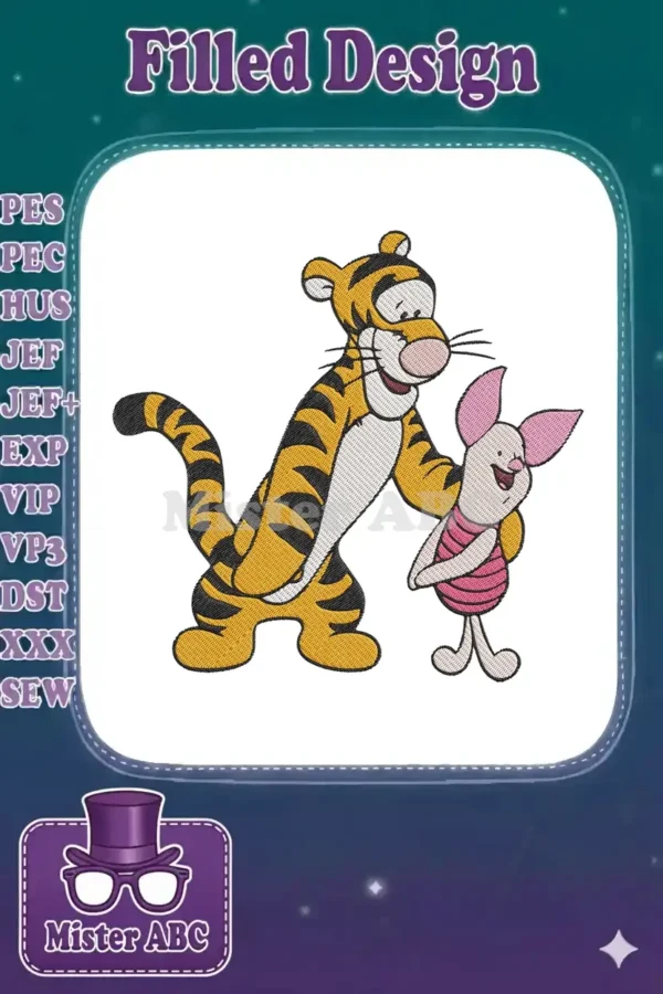 Vibrant embroidery of Tigger and Piglet, showcasing detailed stitching and their iconic poses, ready for any project.