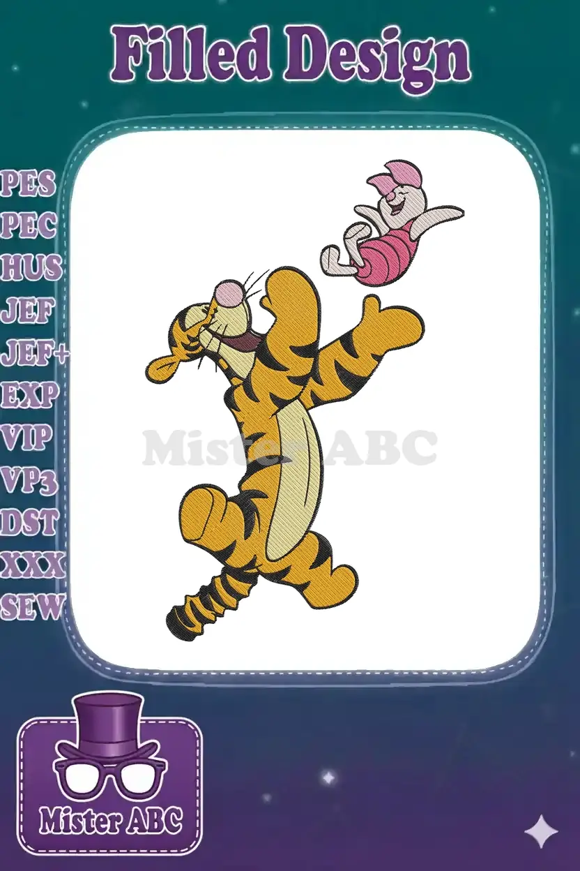 Vibrant embroidery design featuring Tigger bouncing joyfully with a smiling Piglet floating above him, on a white background.