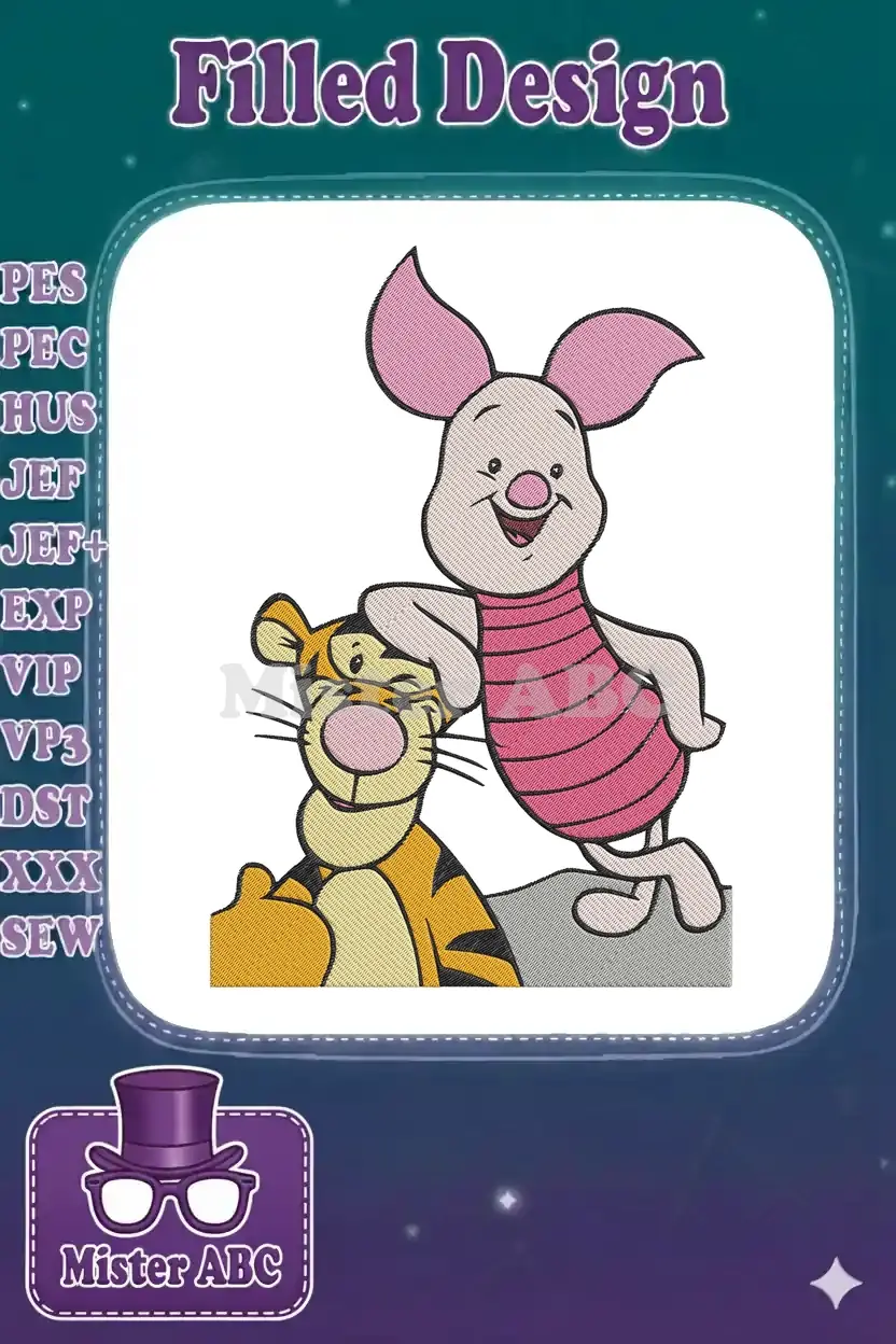 Vibrant embroidery design featuring Piglet embracing Tigger, showcasing intricate stitches and beloved Winnie the Pooh characters.
