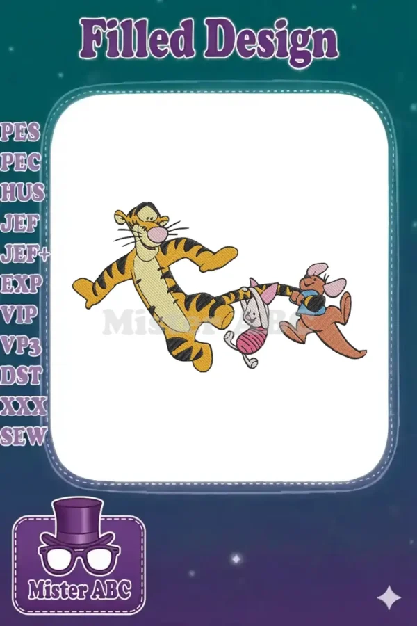 Embroidery of Tigger bouncing with Piglet and Roo, capturing their playful adventure in vivid colors.