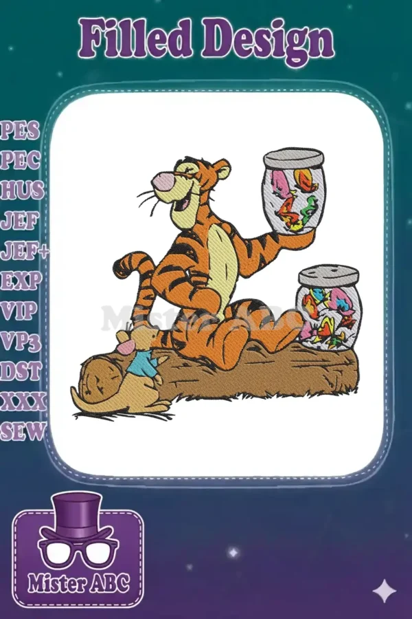 Tigger and Roo embroidery design, featuring Tigger holding fish jars while Roo watches, on a log. Vibrant machine embroidery art.