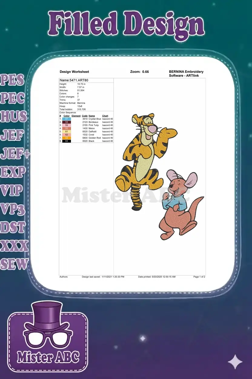 Embroidery design worksheet detailing stitch count, dimensions, color sequence, and thread types for Tigger and Roo.