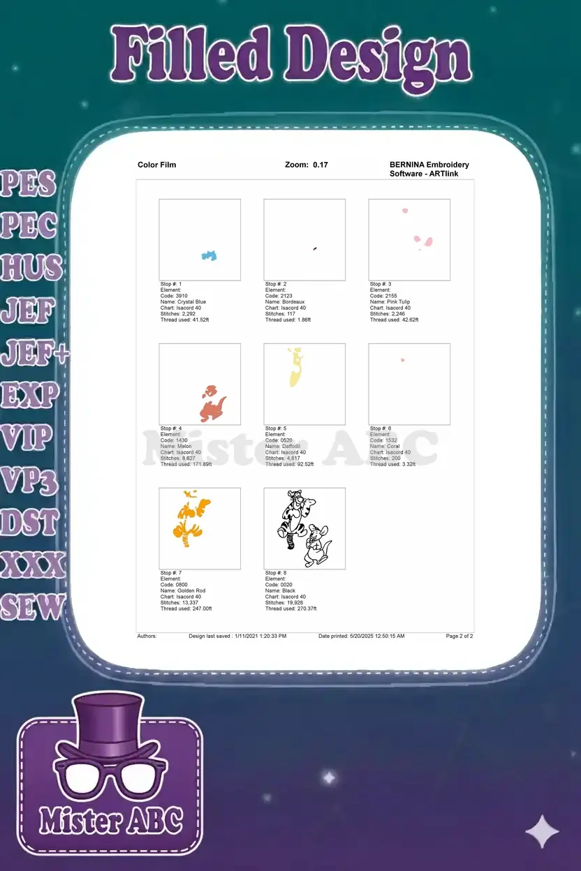 Color film breakdown illustrating the stitch sequence and individual color elements of the Tigger and Roo design.