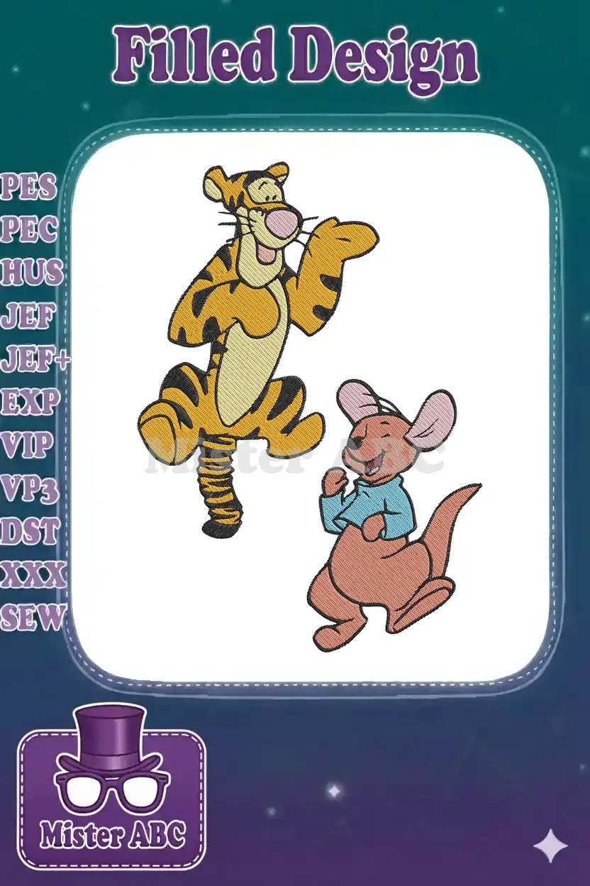 A vibrant machine embroidery design featuring a joyful, bouncing Tigger and a laughing Roo. Perfect for kids' apparel.