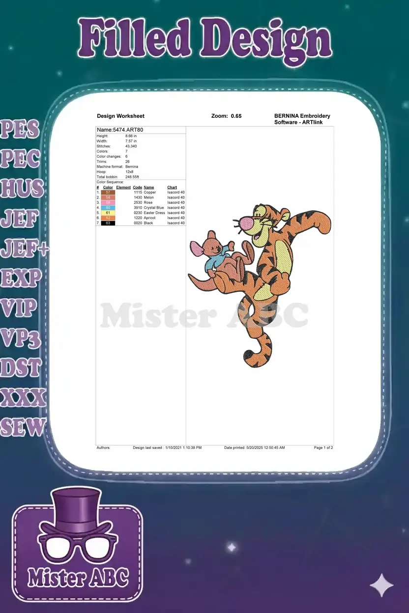 Detailed embroidery design worksheet for Tigger and Roo, showing dimensions, stitch count, thread colors, and machine info.