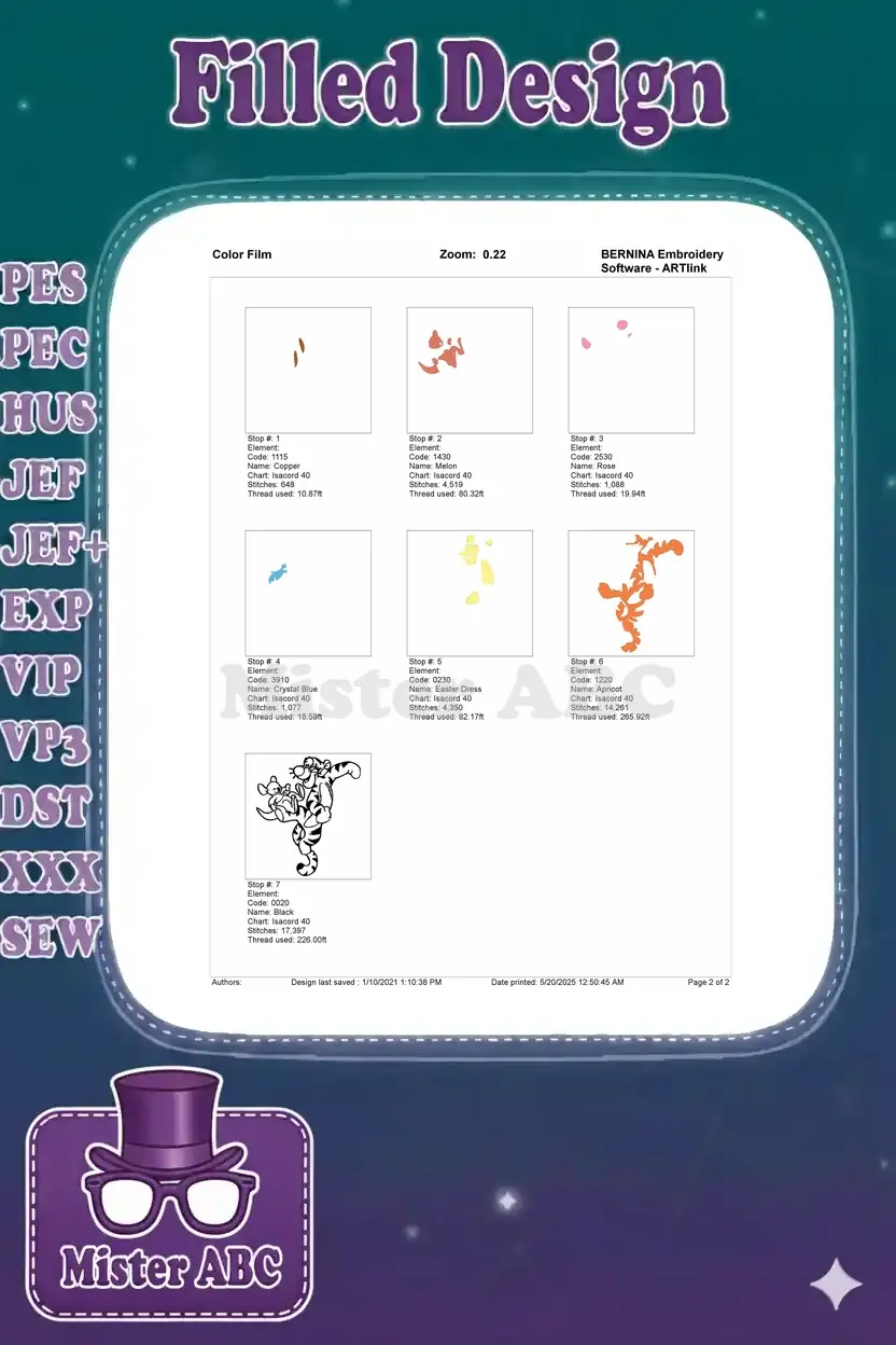 Color film breakdown for the Tigger and Roo embroidery, illustrating each color stop and thread usage step-by-step.