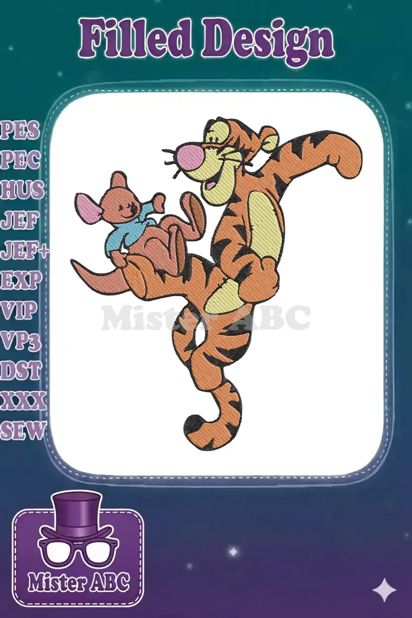 Vibrant embroidery design featuring Tigger joyfully carrying Roo, captured mid-bounce with playful energy and rich colors.
