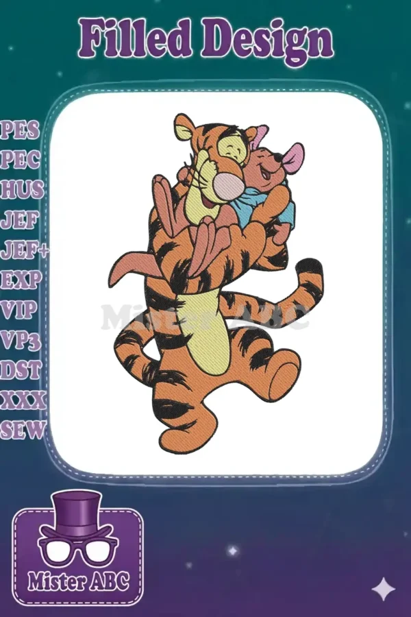Embroidered design of Tigger from Winnie the Pooh, joyfully hugging a smiling Roo, showcasing friendship and warmth.