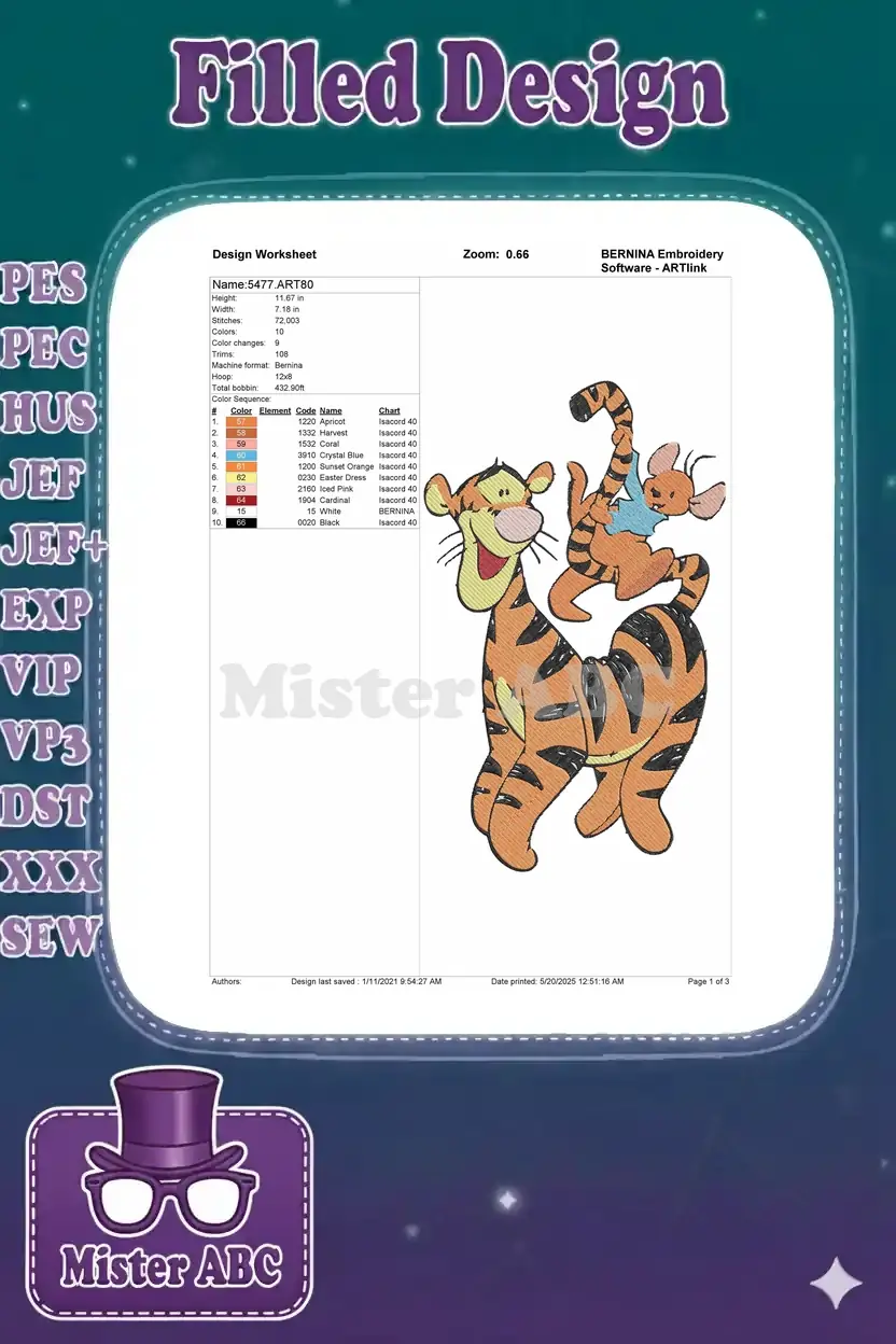 Design worksheet for Tigger and Roo embroidery, displaying stitch count, dimensions, color sequence, and thread details.