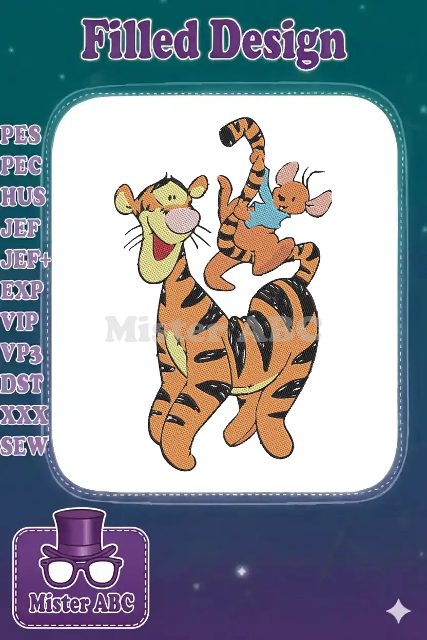 Vibrant embroidery design featuring Tigger joyfully bouncing with Roo on his back, showcasing detailed stitching.