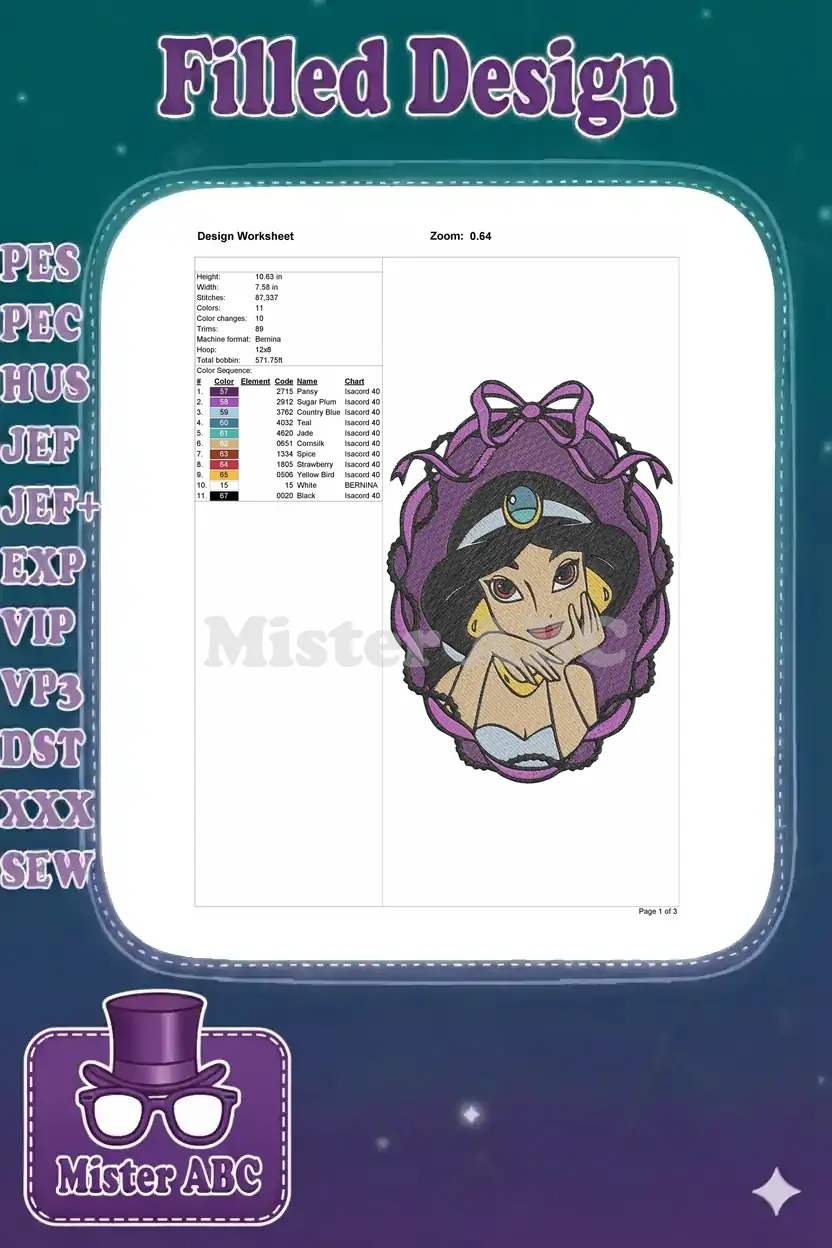 Embroidery design worksheet detailing dimensions, stitch count, color sequence, and machine compatibility for the Jasmine design.