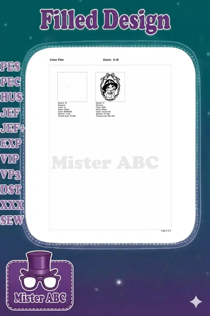 Color film page displaying the final individual embroidery stitch elements for colors 10 and 11 of the Jasmine design.