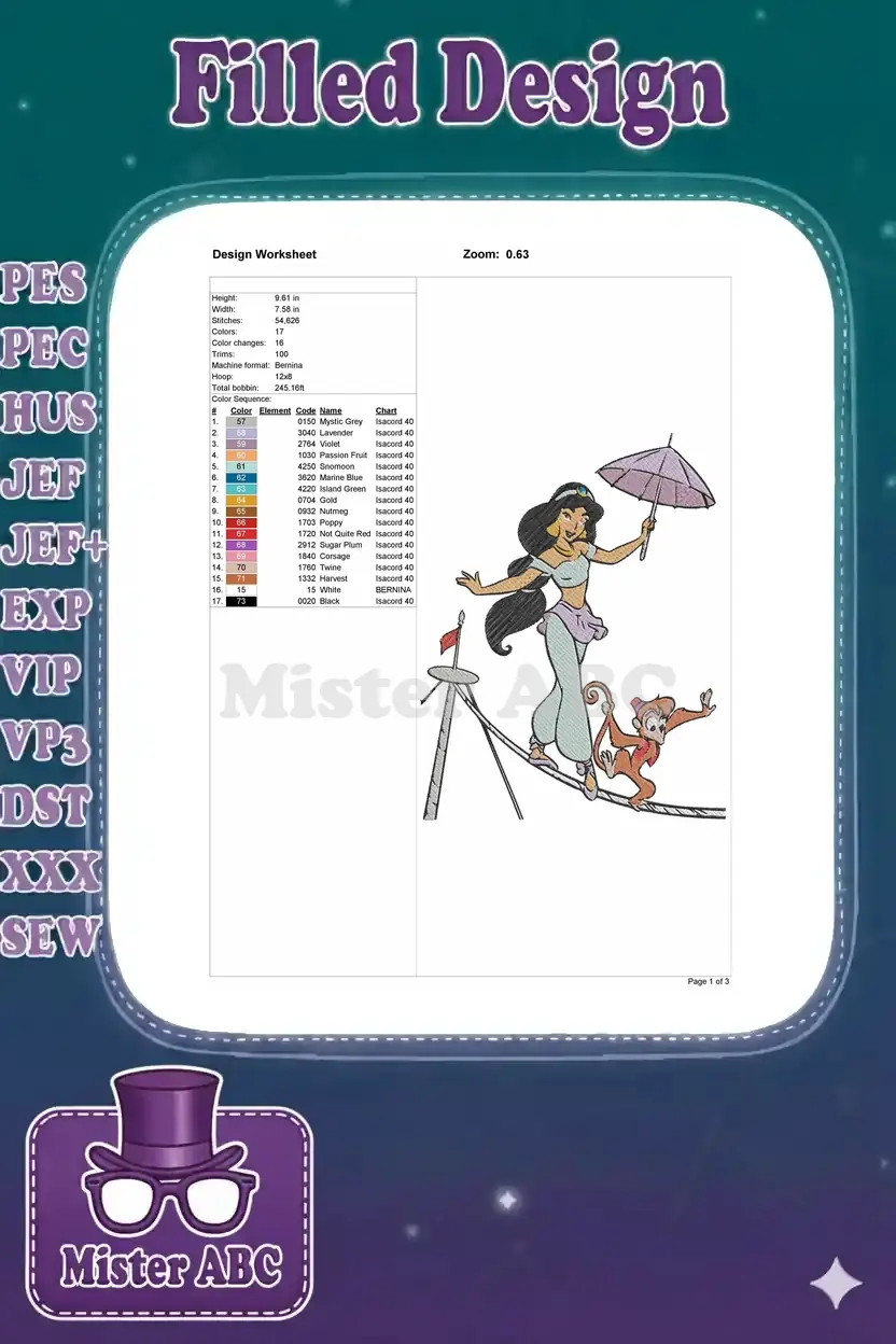 Embroidery design worksheet for Jasmine and Abu, showing technical specifications, stitch count, and color chart.