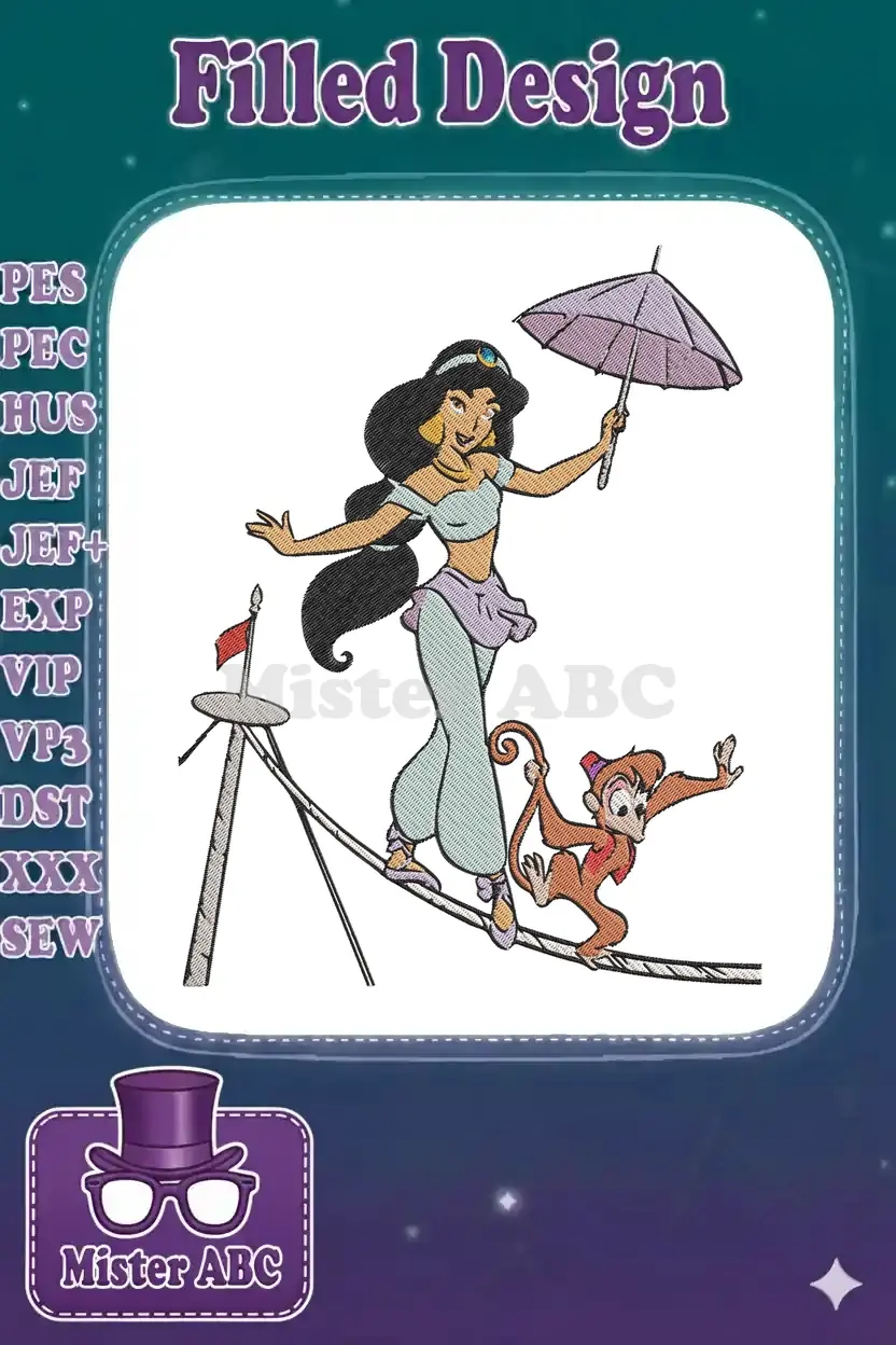 Princess Jasmine and Abu from Aladdin balancing on a tightrope under a parasol, an intricate embroidery design.
