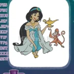 Beautiful Princess Jasmine holding magic lamp with Abu embroidery designs - Instant Download