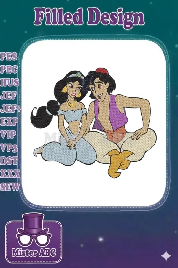 Full-color embroidery of Aladdin and Jasmine, sitting together, smiling, with detailed stitching and vibrant thread colors.