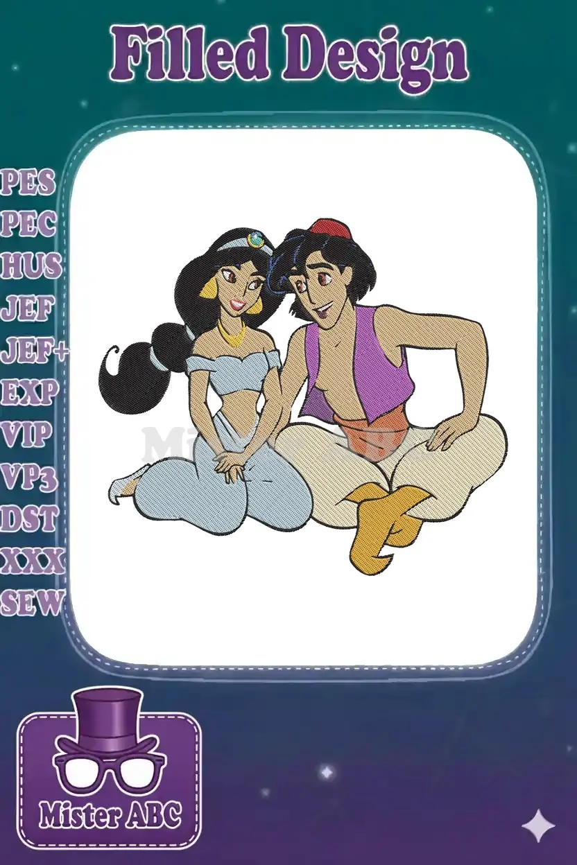 Full-color embroidery of Aladdin and Jasmine, sitting together, smiling, with detailed stitching and vibrant thread colors.
