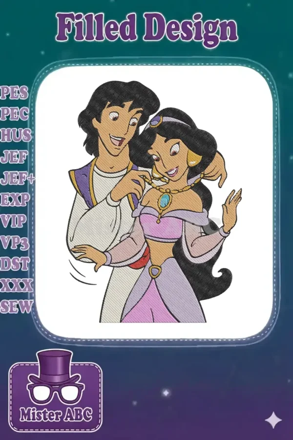 Aladdin lovingly places a necklace on Princess Jasmine, a vibrant embroidery design capturing a classic romantic moment.