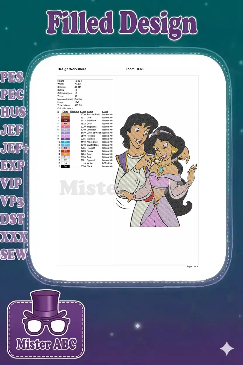 Embroidery design worksheet for Aladdin and Jasmine, detailing dimensions, stitch count, color sequence, and thread codes.