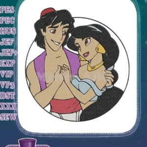 Aladdin and Princess Jasmine digital embroidery design, featuring the beloved Disney couple in a romantic embrace.