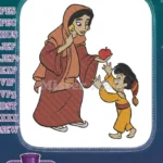 Kind Woman Offers Red Apple to Eager Boy Embroidery Designs - Instant Download