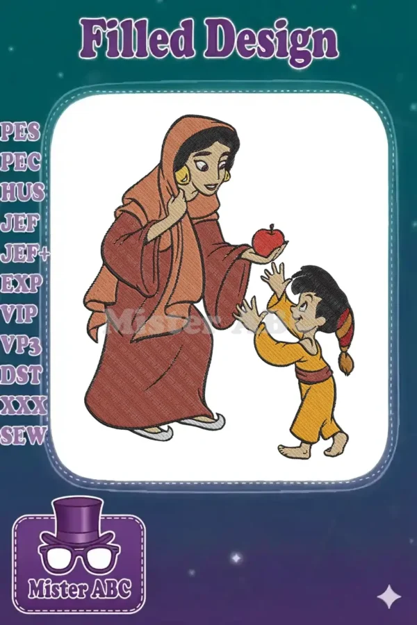 Full-color embroidery design of Princess Jasmine in disguise offering a red apple to a young, eager street boy.