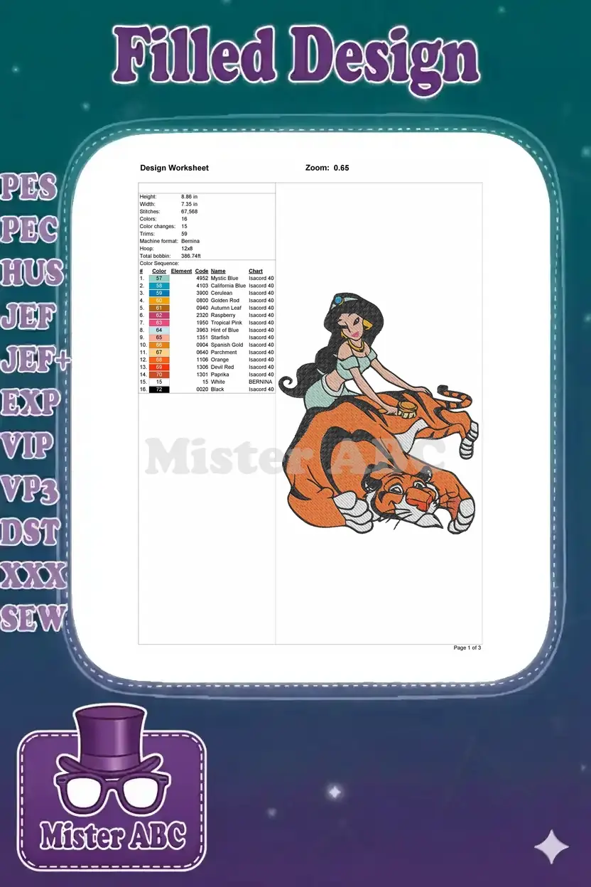 Detailed embroidery design worksheet for Princess Jasmine and Rajah, showing dimensions, stitch count, and color chart.