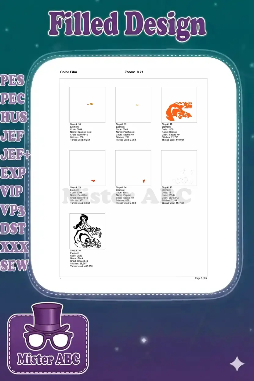 Second page of the color film for Jasmine and Rajah embroidery, detailing remaining thread changes and stitch info.