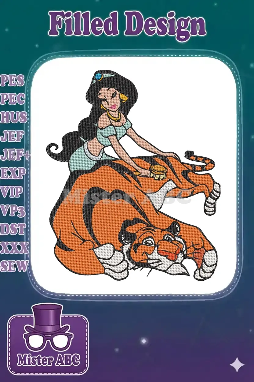 Princess Jasmine from Aladdin gently brushes her loyal tiger companion, Rajah, in a vibrant embroidery design.