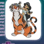 Princess Jasmine Riding Rajah Tiger with Flower Crown Embroidery Designs - Instant Download