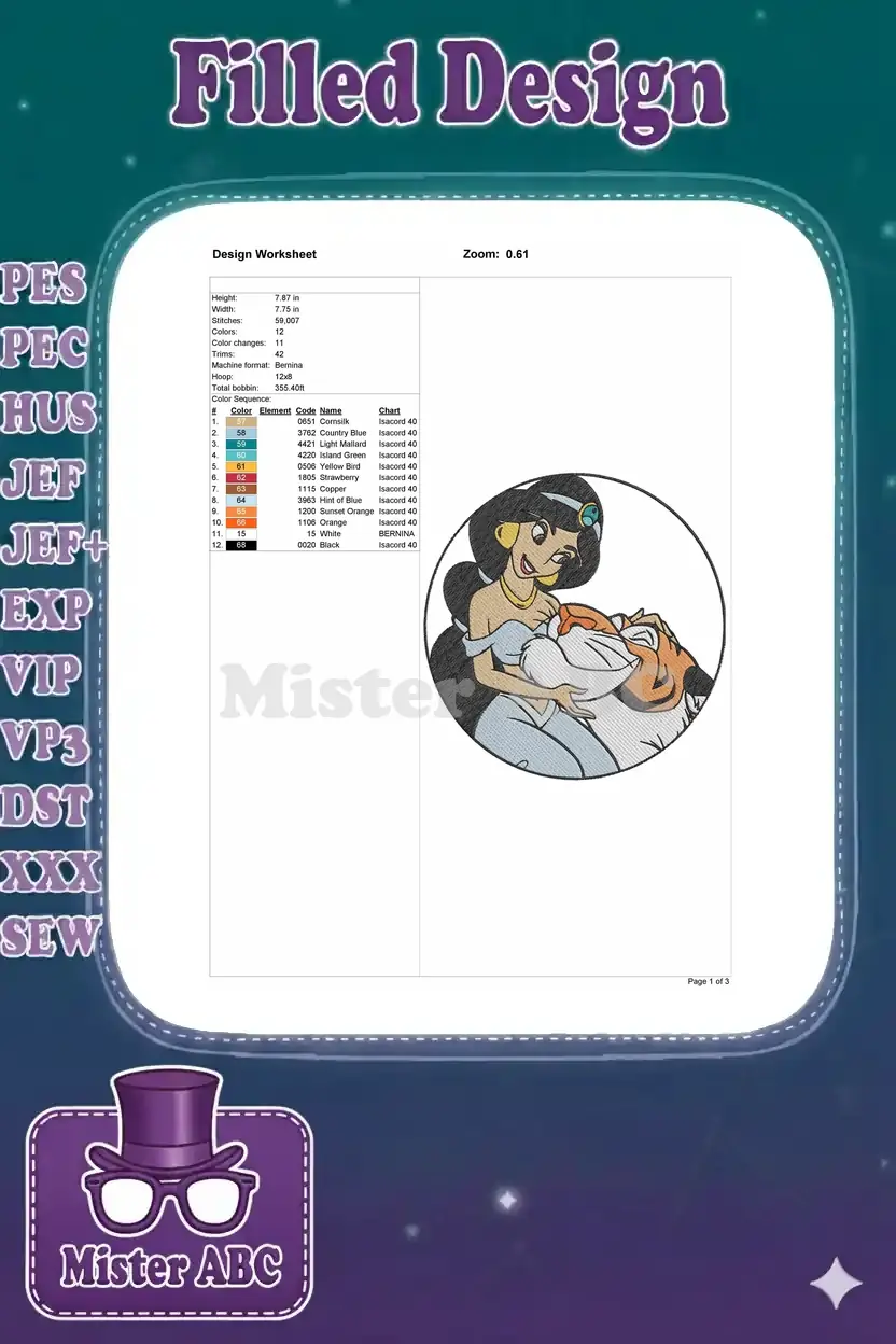 A design worksheet displaying embroidery specifications: dimensions, stitch count, colors, machine format, and thread chart.